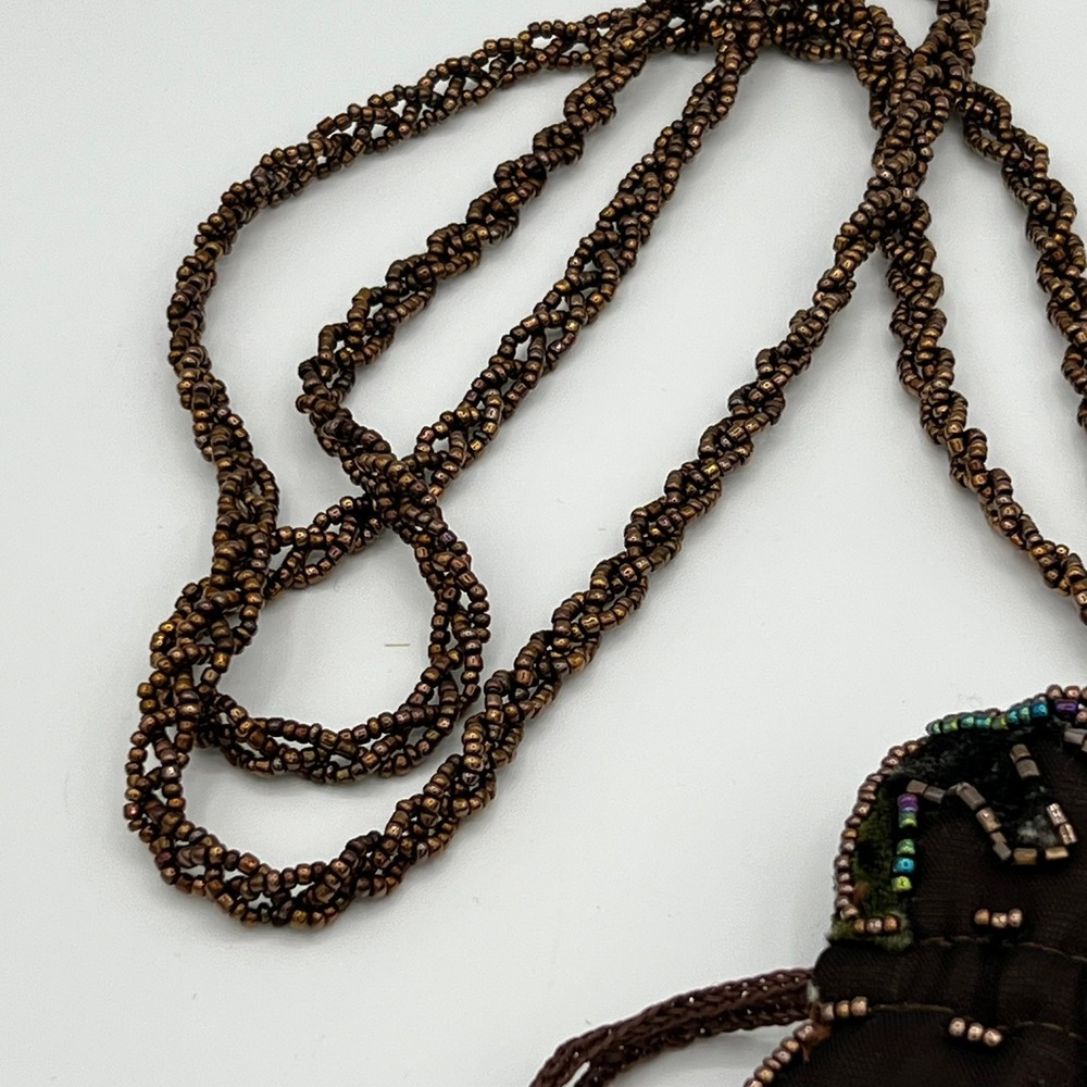 Vintage Style Velvet Floral Beaded Drawstring Pouch Brown Crossbody Fringe Small - Picture 3 of 8